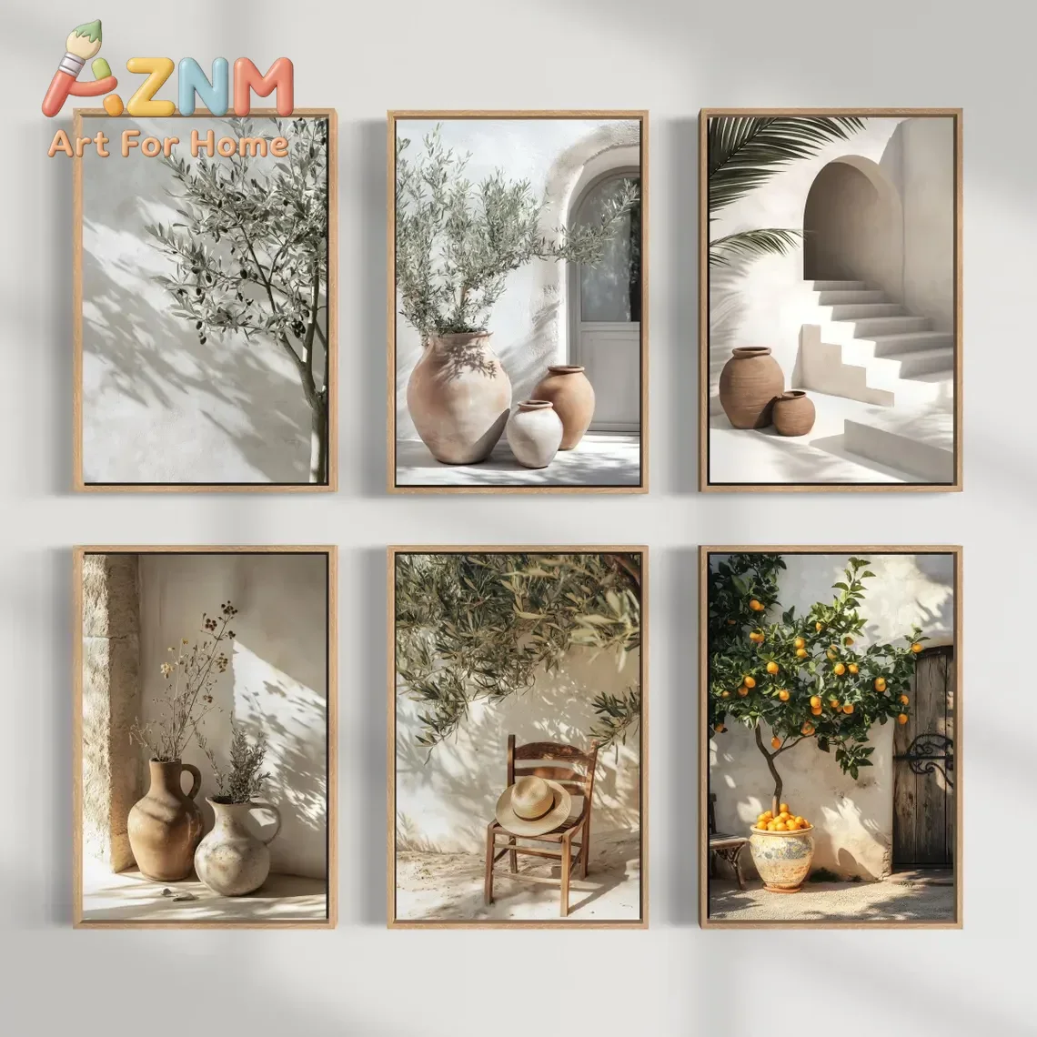 Terracotta Pot - AZNM メディテラネアン風、ニュートラルカラーのキャンバス壁掛けアート、オリーブの木とテラコッタの鉢、オレンジの木のプリント、ボヘミアン調の海岸風、太陽光を浴びた建築物の風景