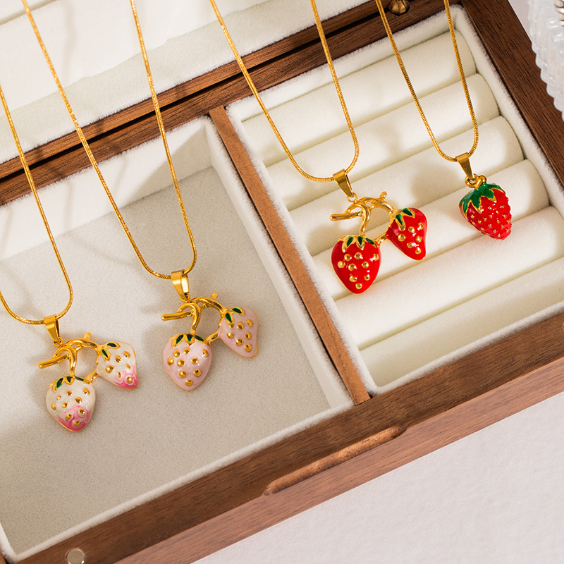 Snake Plant - ステンレス鋼 18 18k ゴールドメッキエナメルイチゴペンダント Neckalce 女性甘いフルーツペンダントスネークチェーンジュエリーギフト