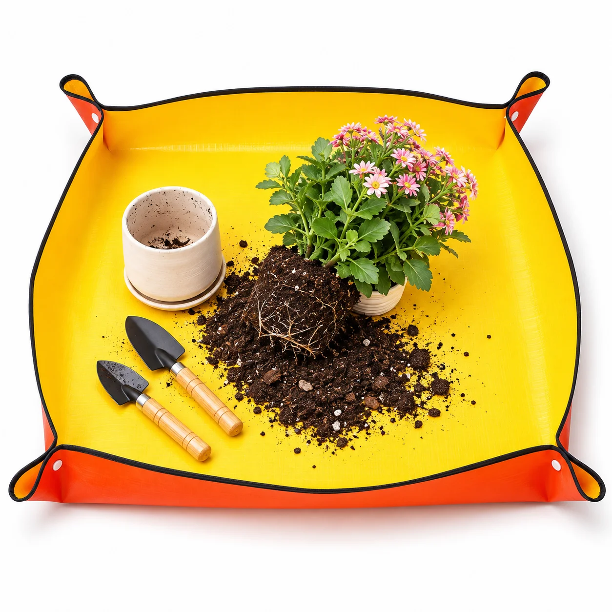 Repotting Mat - 防水加工のガーデン用植え替えマット。PE素材の植物移植用パッド。折りたたみ式で、土がこぼれ落ちるのを防ぐトレイ。角が折り畳めるので、屋内・屋外で使用可能。