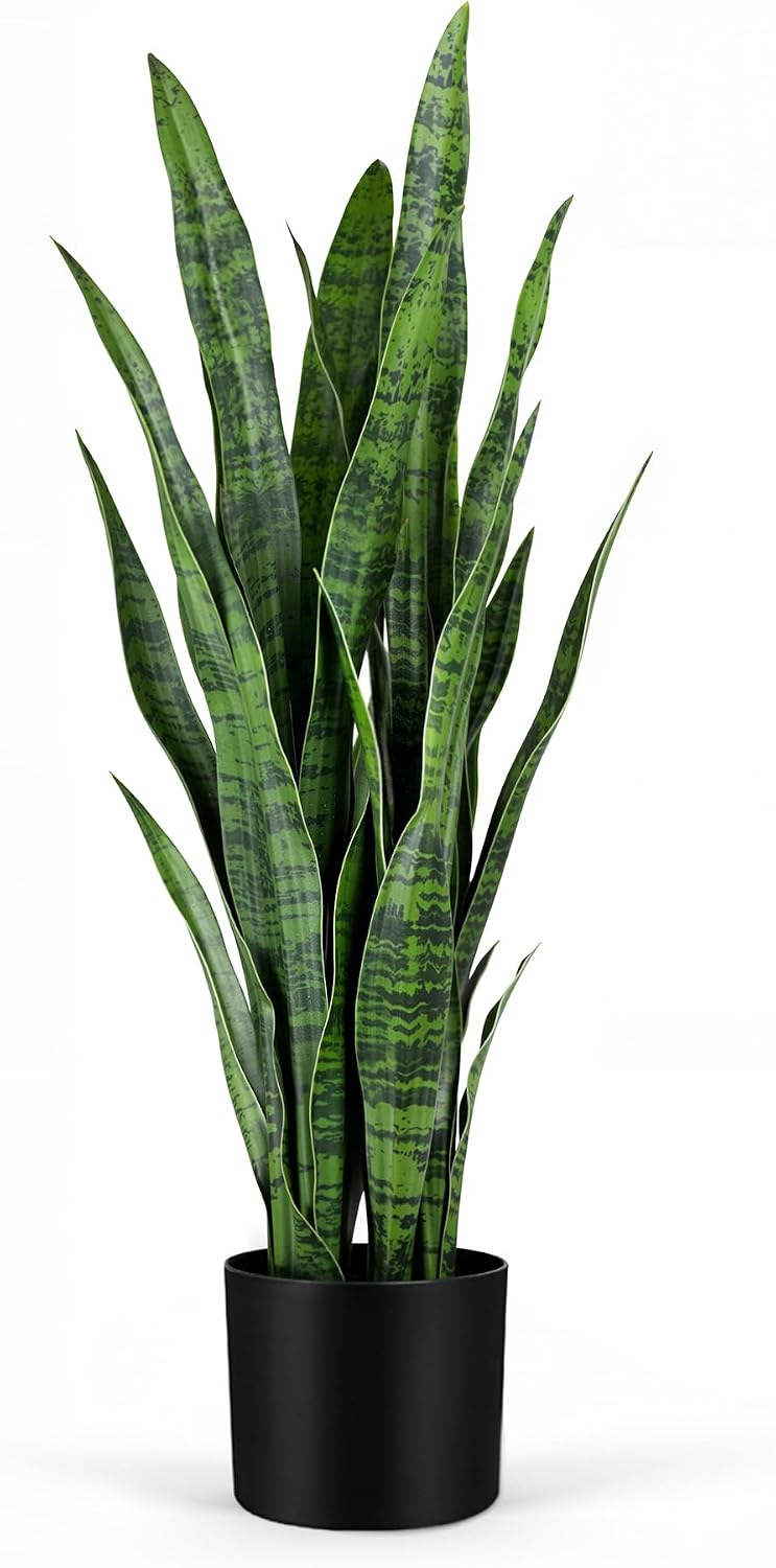 Snake Plant - 人工のスネークプラント、高さ約89cmの緑色の造花サンセベリア、厚みのあるリアルな造葉が特徴の観葉植物、室内やオフィスでの装飾に最適、高さ約91cm。